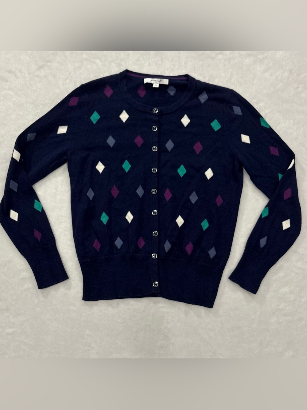Foxcroft NYC Navy Blue Diamond Print Button Up Cardigan Sweater Women's Size M